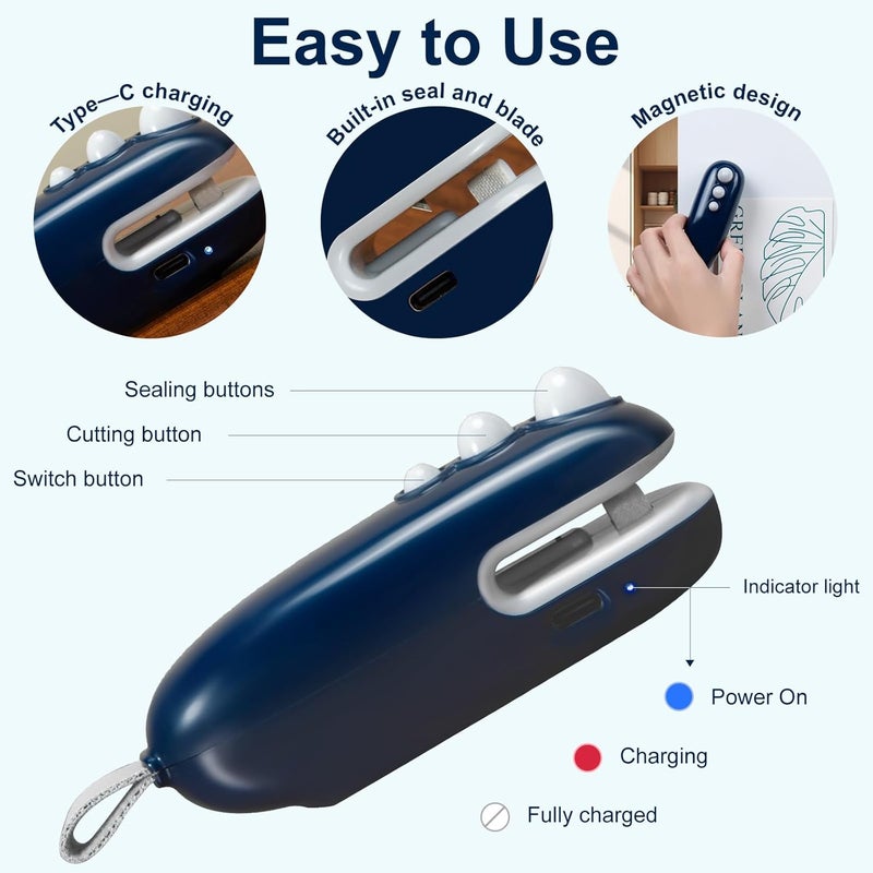 lipaux Mini Bag Sealer, 2 IN 1 Heat Sealer & Cutter, USB-C Rechargeable Portable Handheld Bag Sealer, Food Vacuum Storage Sealer for Chip Bags(Blue) - Image 3